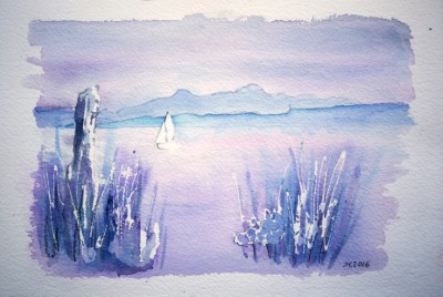 Aquarellbild des Sonnenuntergang hinter dem Gebirge mit Blick auf die Schweizer Berge und den Säntis 